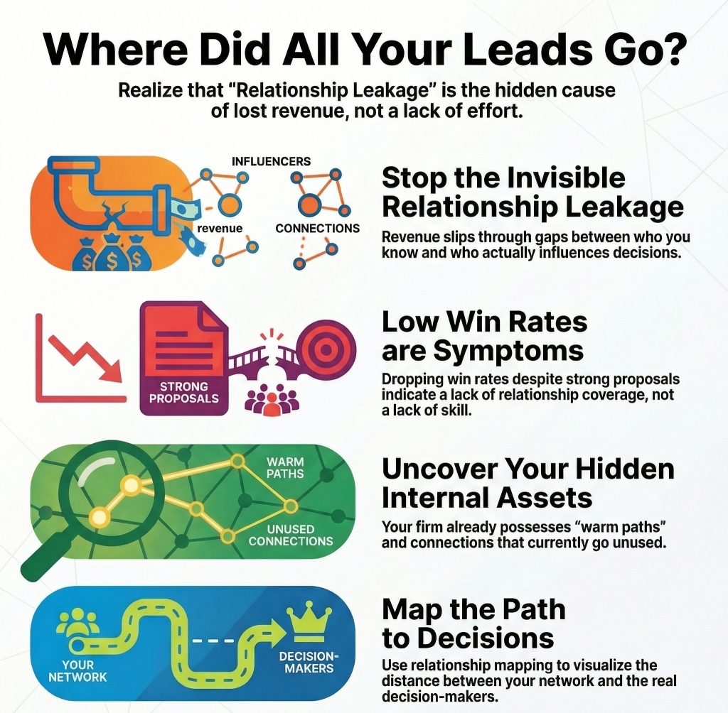 where did all the leads go? infographic of the latest event looking into the frameworks behind relationship intelligence and AVNIR